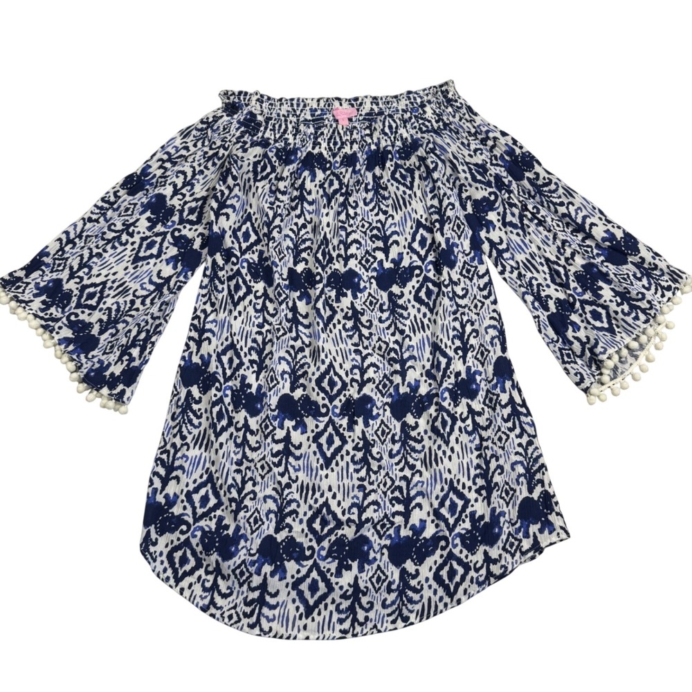 Lilly Pulitzer Blue White Elephant Ikat Off Shoulder Pom Pom Bell Sleeve Top S